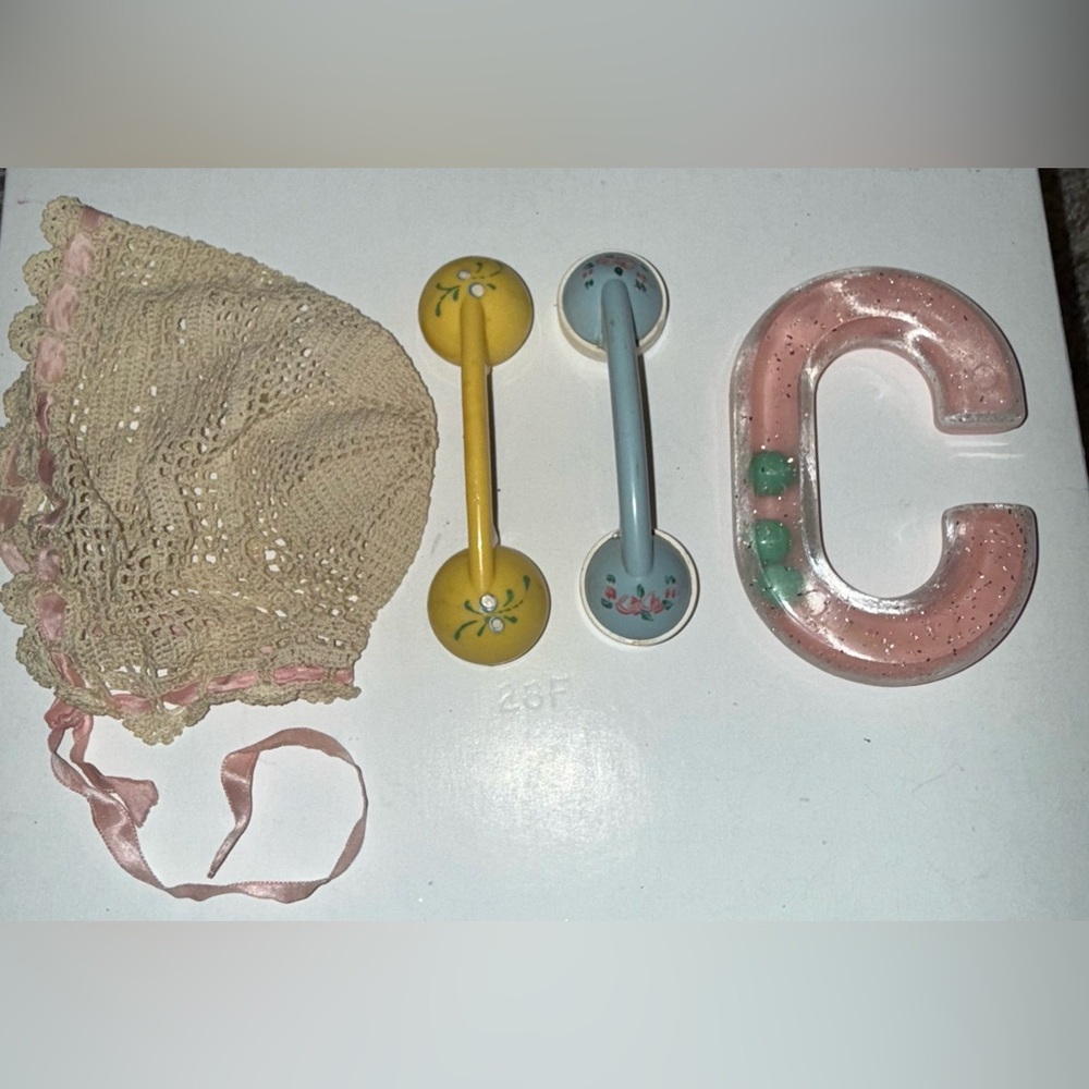 Vintage Baby Rattles and Bonnet